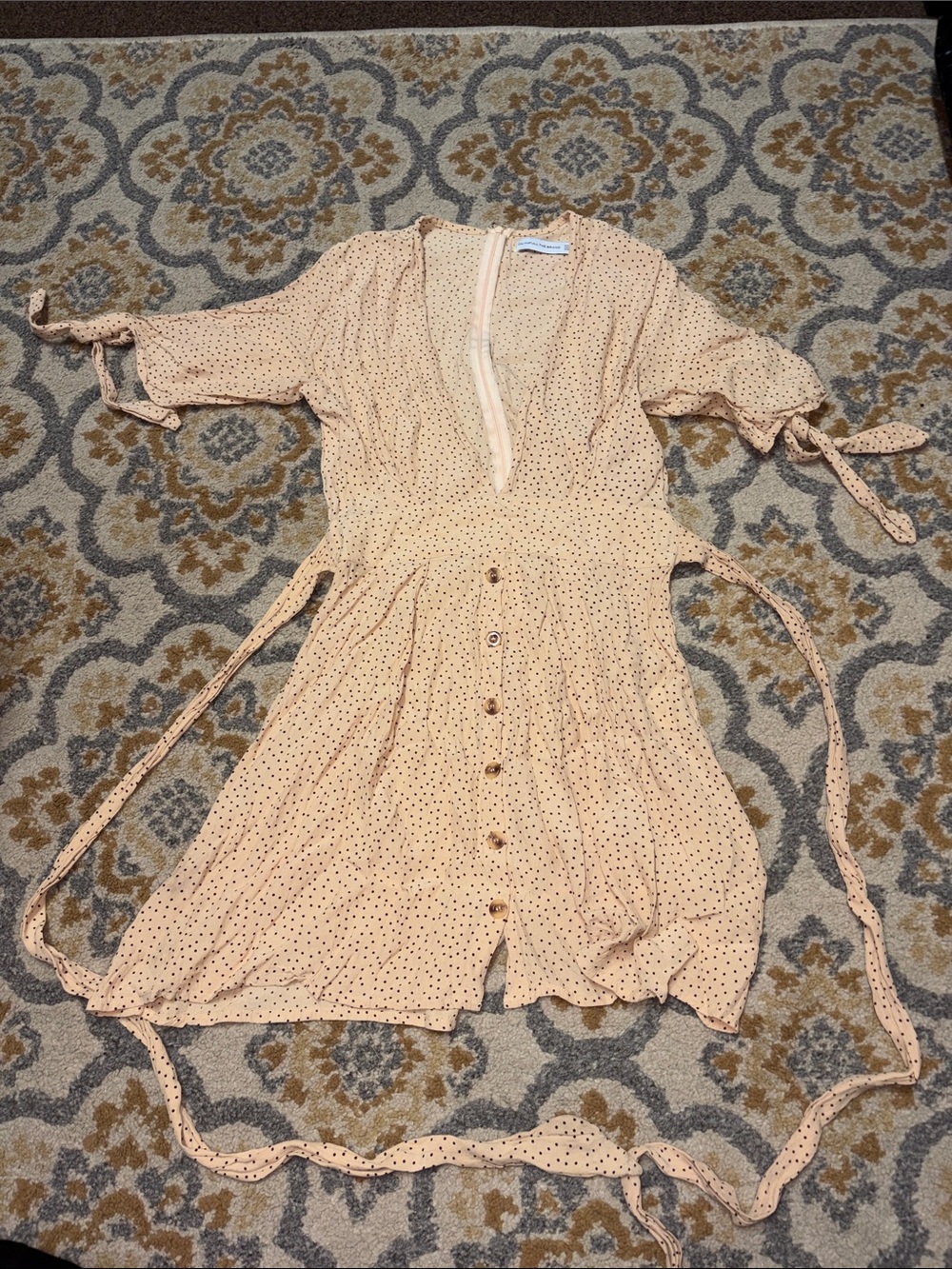 Faithfull the Brand yellow short sleeve dress with brown polka dots